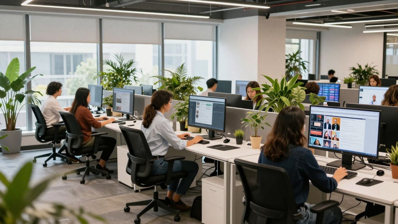 17 best social media content creation services? | 2026 3 Modern office with teams collaborating on social media content.